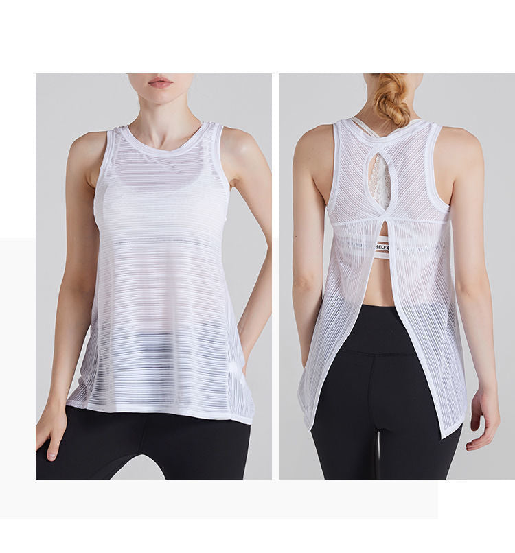 Women Casual Loose Breathable Solid Color Round Neck Sleeveless Back Split Sports Top