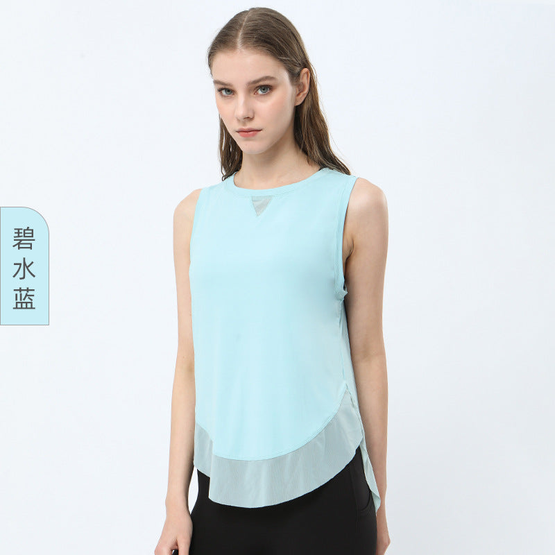 Women Casual Loose Solid Color Round Neck Sleeveless Mesh Spliced Sports Tank Top