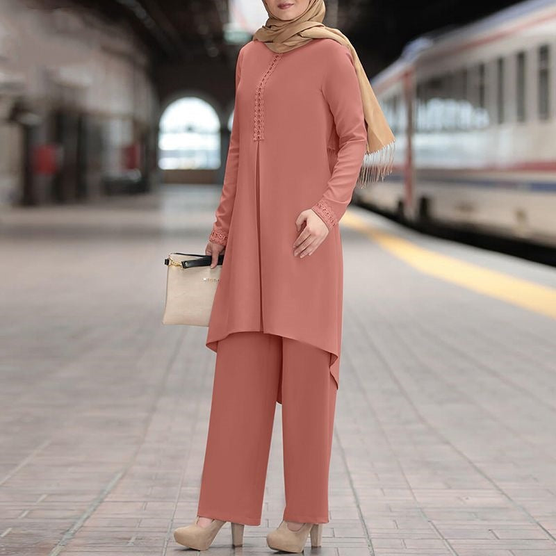 Conjunto informal de abaya de color liso con manga larga y encaje para mujer