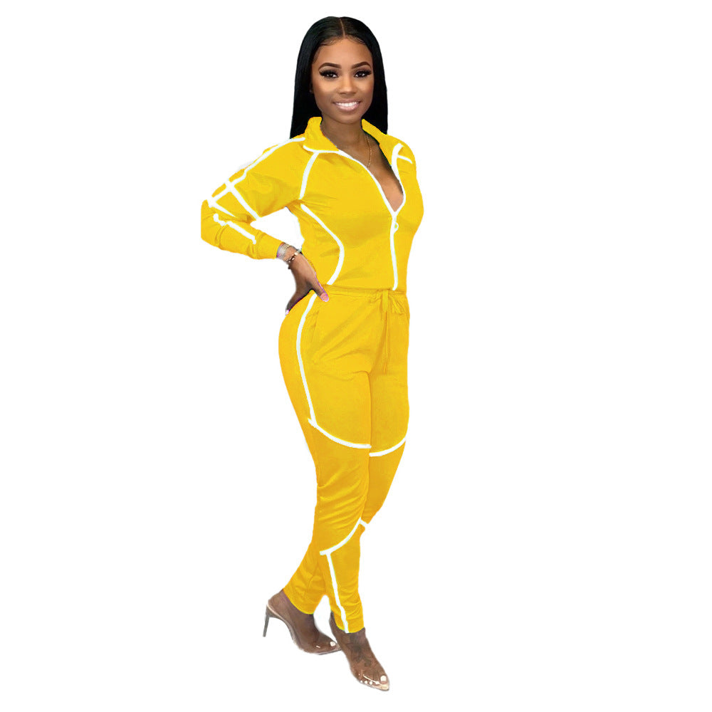 Autumn And Winter Women Long-Sleeved Splicing Solid Color Casual Sports Sets