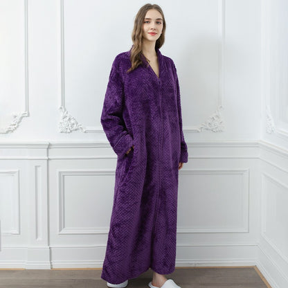 Couples Winter Fashion Casual Home Solid Color Flannel V Neck Long Sleeve Zipper Robes Sleepwear