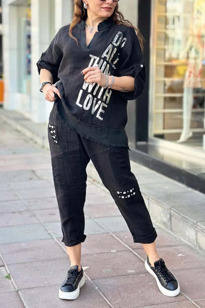 Conjunto de dos piezas de blusa y pantalones holgados con cuello en V y media manga para mujer