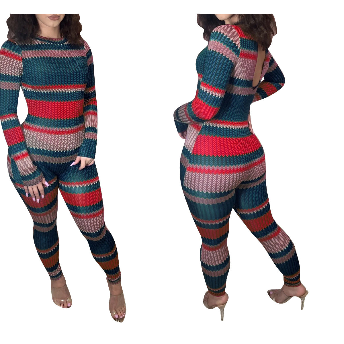 Women Fashion Casual Print Round Neck Long Sleeve Jumpsuit