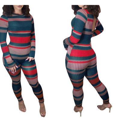 Women Fashion Casual Print Round Neck Long Sleeve Jumpsuit