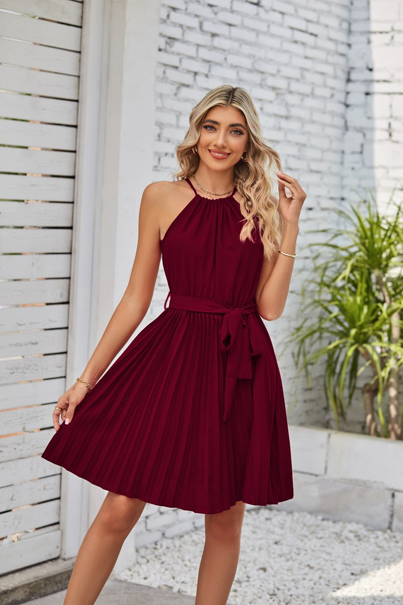 Women Casual Elegant Style Chiffon Halter Neck Lace-Up Sleeveless Pleated Dress