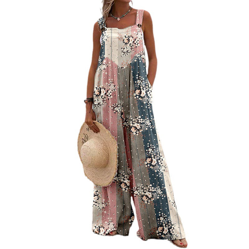Women Fashion Casual Printed Sleeveless Wide-Leg Loose Jumpsuits