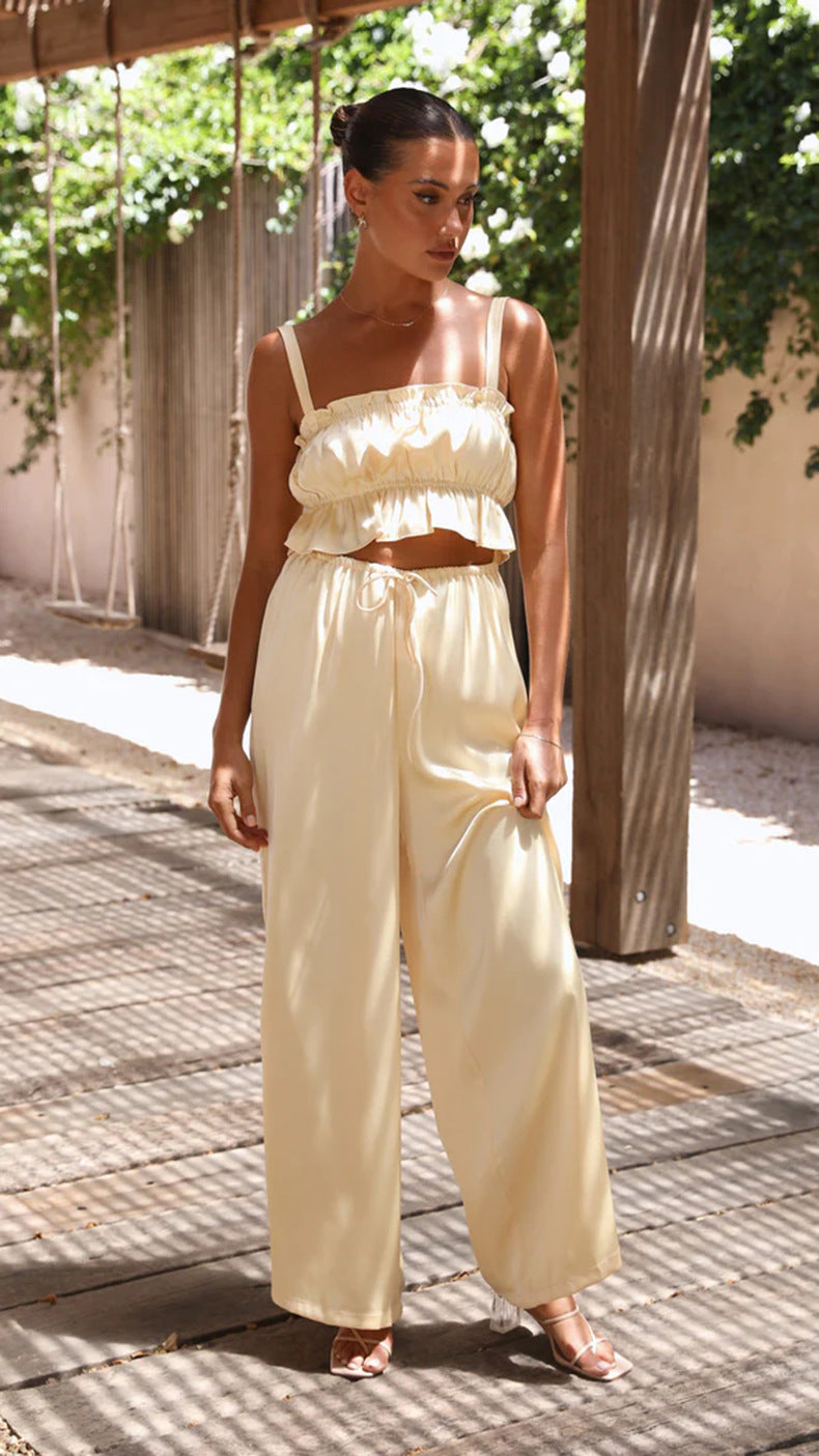 Conjunto de dos piezas de verano para mujer, color liso, informal, con cuello de una palabra, tirantes y pantalones de pierna ancha
