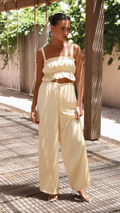 Conjunto de dos piezas de verano para mujer, color liso, informal, con cuello de una palabra, tirantes y pantalones de pierna ancha