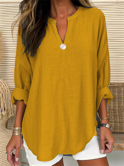 Blusa holgada informal de color liso con escote en V y un botón para mujer