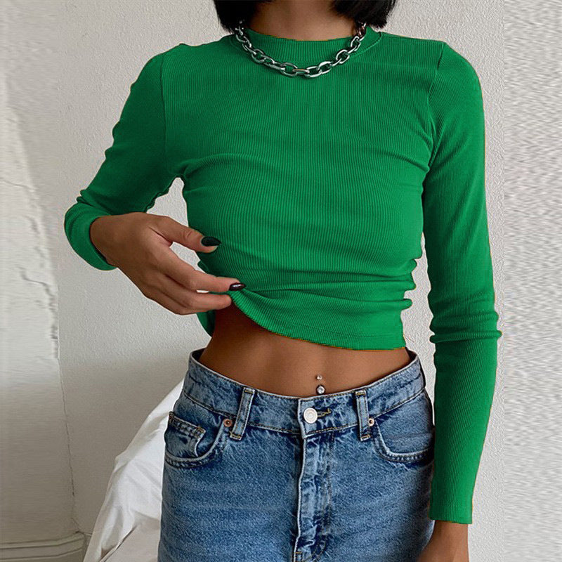 Women Fashion Casual Solid Color Threaded Round Neck Long Sleeve Crop Top