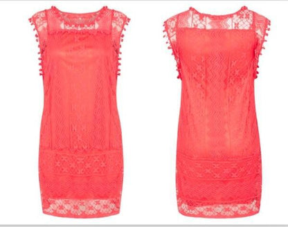 Vestido suelto sin mangas de encaje de color sólido informal de moda para mujer