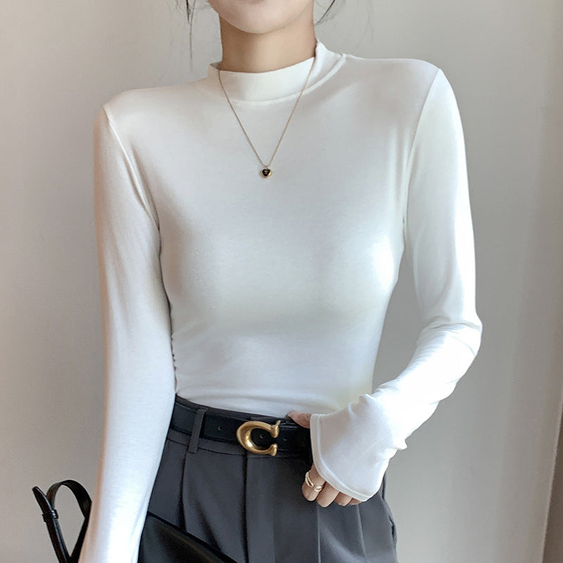 Camiseta informal de manga larga con cuello redondo, color liso y media caña para mujer