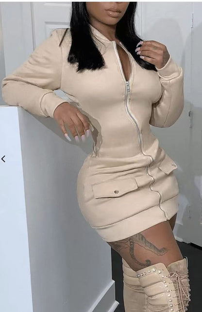 Women Fashion Casual Solid Color Long Sleeve Zipper Pockets Dress