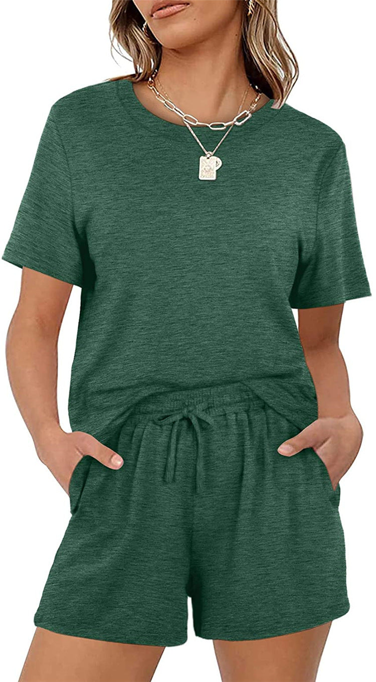 Women Casual Summer Basic Solid Color Short Sleeve T-Shirt Elastic Tie Pocket Shorts Set