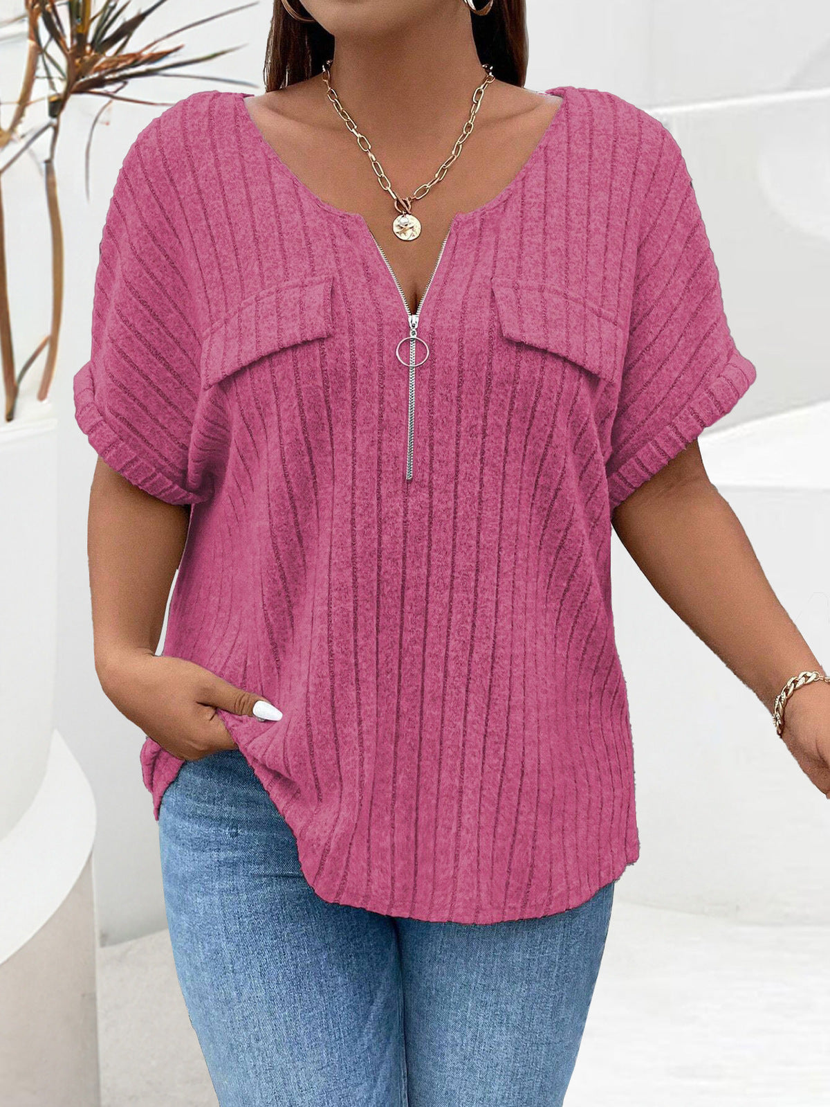 Women Fashion Casual Solid Color Plus Size Zipper Short Sleeve Loose T-Shirt