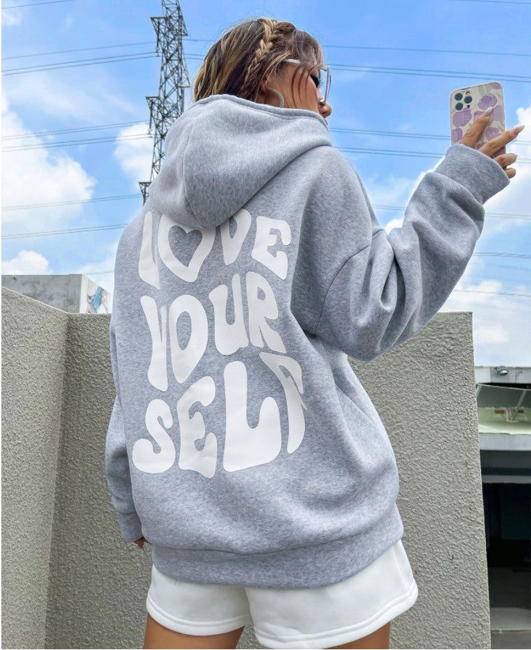 Sudadera con capucha de manga larga con estampado de letras en la espalda, holgada e informal para mujer