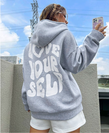 Sudadera con capucha de manga larga con estampado de letras en la espalda, holgada e informal para mujer