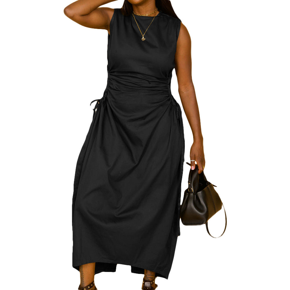Vestido largo informal de nailon calado sin mangas de color liso para mujer, talla grande