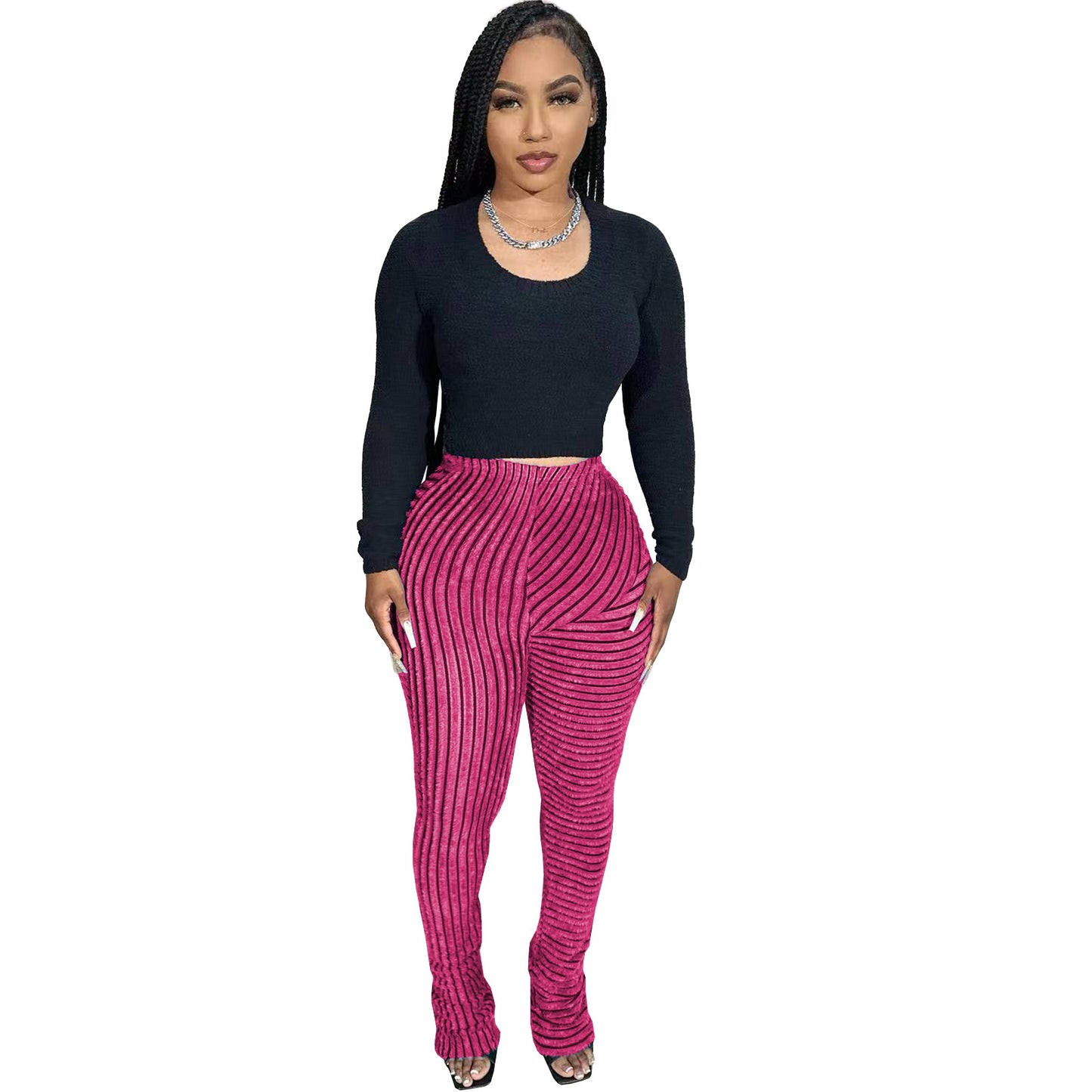 Women Plush Stripe Texture Breathable Large Elastic Fashion Casual Slim-Fit Pants