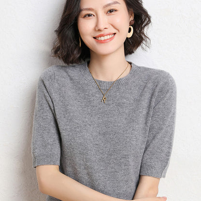 Spring And Summer Women Solid Color Casual Versatile Knitted Short-Sleeved Round Neck Knitwear Sweater