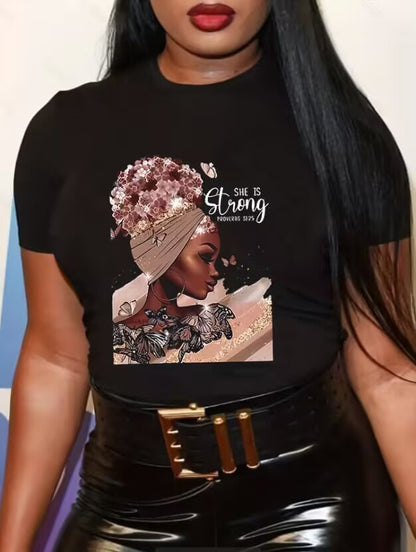 Camiseta informal de manga corta con estampado de dibujos animados de chica negra para mujer