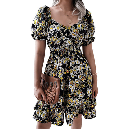 Women Casual Chiffon V-Neck Floarl Printing Ruffled Defined Waist Dress