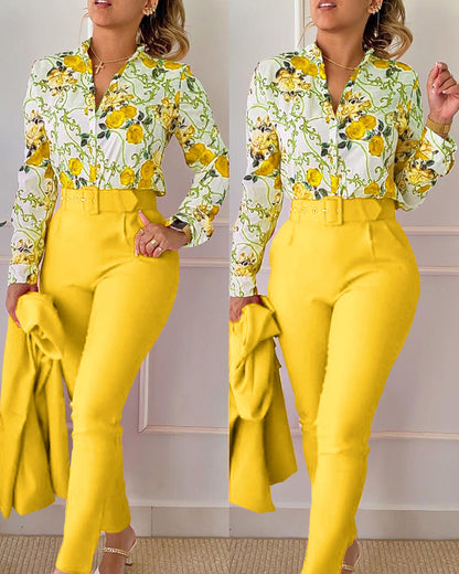 Blusa informal de manga larga con solapa y estampado floral para mujer, pantalones ajustados de dos piezas