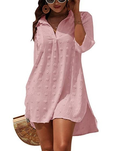 Blusa holgada informal de gasa jacquard con bola de pelo grande para mujer, traje de baño, pareo