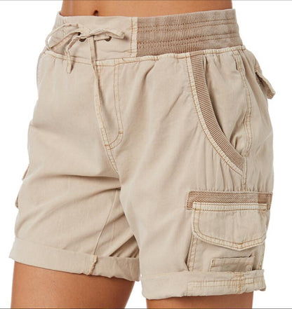 Women Fashion Casual Solid Color Cotton And Linen High Waist Drawstring Shorts
