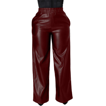Women PU Leather High Waist Casual Elastic Wide Leg Pants
