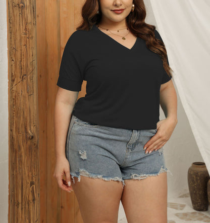 Women Fashion Casual Solid Color Short Sleeve V-Neck Plus Size Top