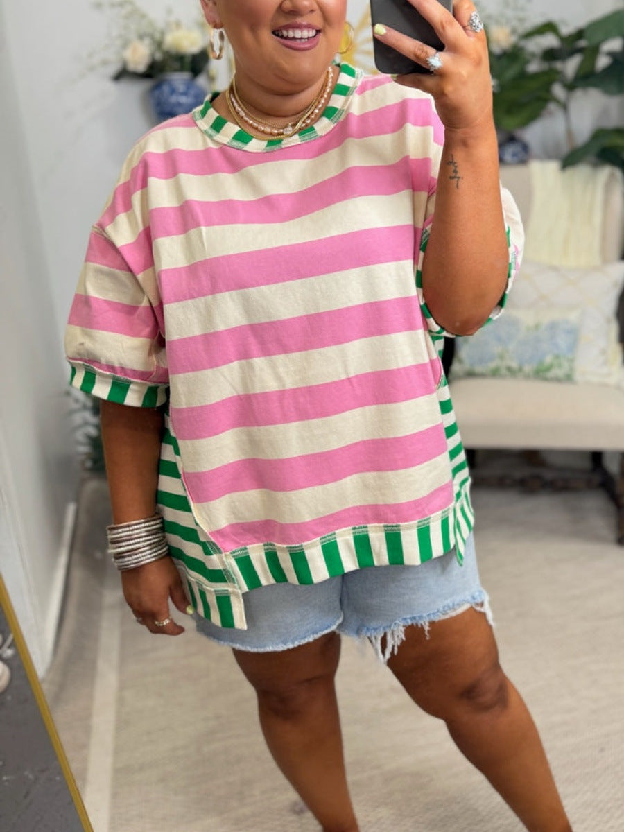 Camiseta informal holgada de verano con estampado de rayas y talla grande para mujer