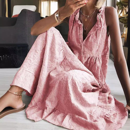 Women Fashion Casual Solid Color Cotton Linen Sleeveless Loose Dress