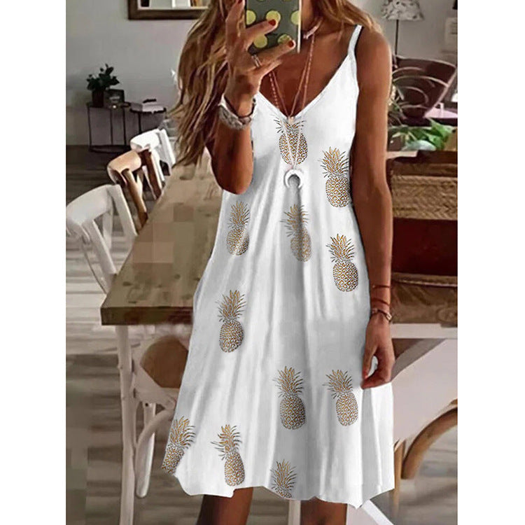Women'S Casual V-Neck Loose Printed Sling Dress