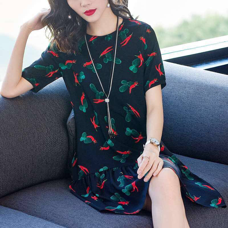 Women Fashion Casual Tiny Flower Printing Short Sleeve Plus Size Dress