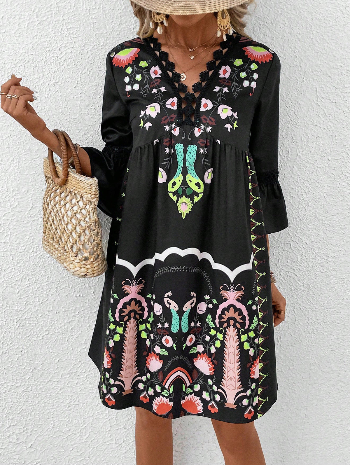 Vestido bohemio informal con estampado floral y escote en V y mangas abullonadas para mujer