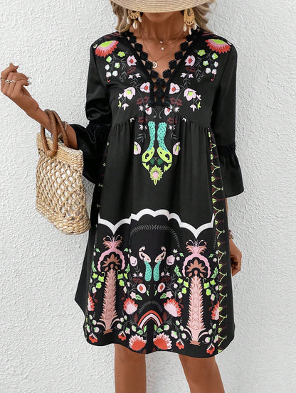 Vestido bohemio informal con estampado floral y escote en V y mangas abullonadas para mujer