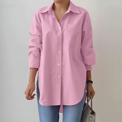 Blusa informal sencilla de color liso con solapa y manga larga para mujer, con botonadura sencilla y abertura