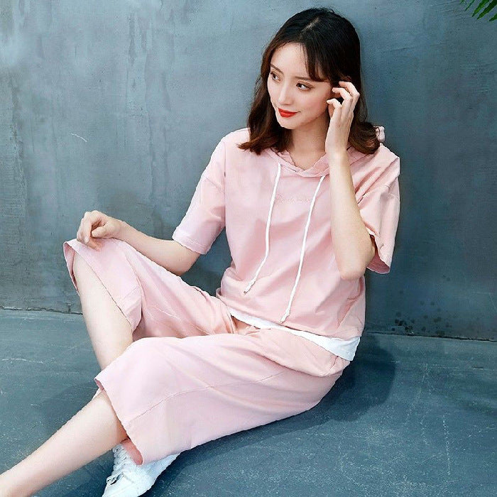 Women Casual Sports Short-Sleeved Hooded Top Pants Two-Piece Set