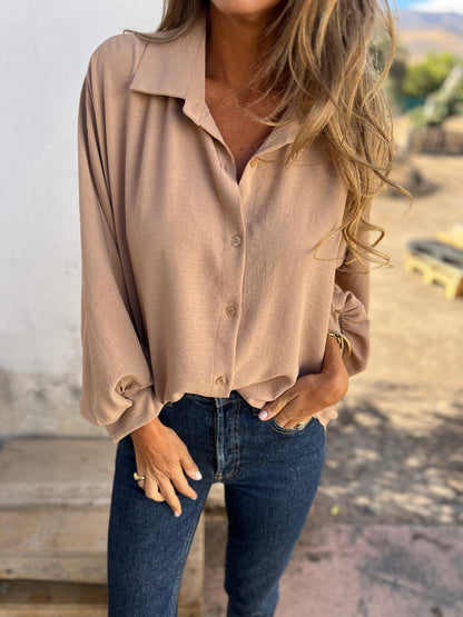 Blusa informal de manga larga con botones y estampado de flores de color liso para mujer