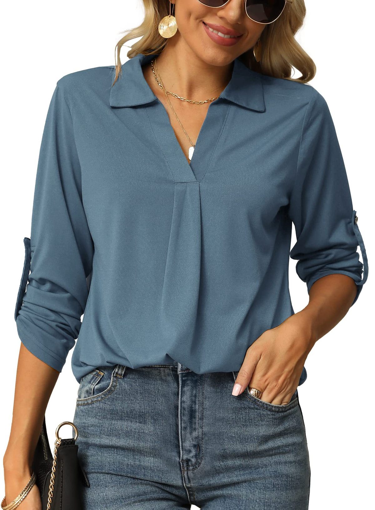 Blusa informal de manga larga con cuello en V y color liso para mujer