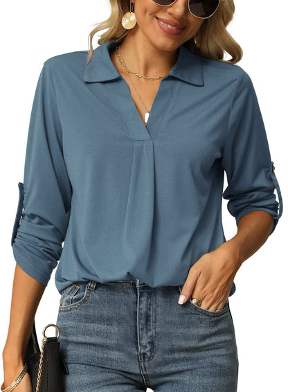 Blusa informal de manga larga con cuello en V y color liso para mujer