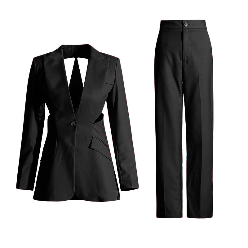 Conjunto de dos piezas de chaqueta y pantalón de manga larga con blazer y aberturas informales para mujer