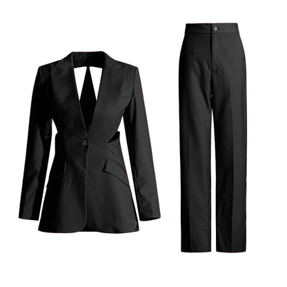 Conjunto de dos piezas de chaqueta y pantalón de manga larga con blazer y aberturas informales para mujer