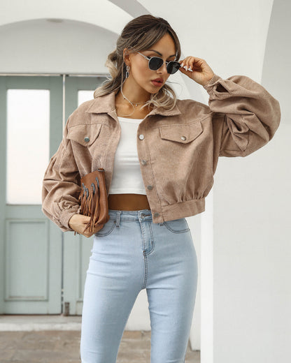Women Fashion Casual Solid Color Corduroy Single-Breasted Sleeve Lantern Jacket
