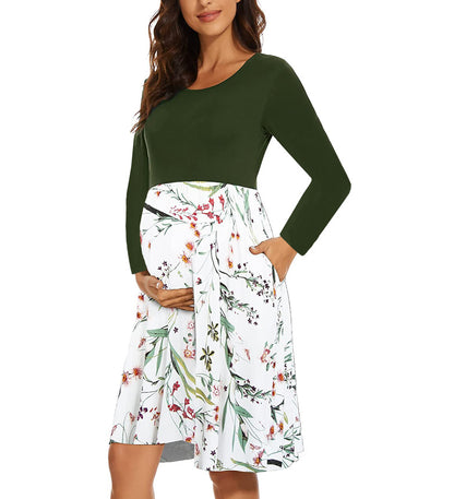 Vestido informal con estampado floral y cuello redondo y bolsillos para embarazadas