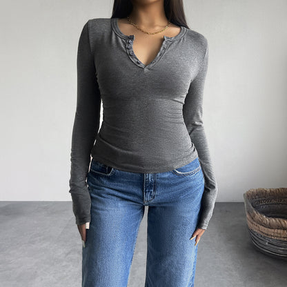 Camiseta informal sencilla de manga larga con cuello en V y botones para mujer