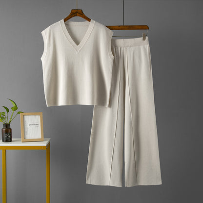 Conjunto de dos piezas para mujer, informal, de color sólido, con escote en V, suelto, sin mangas, de punto, cintura alta, pantalones de pierna ancha con abertura