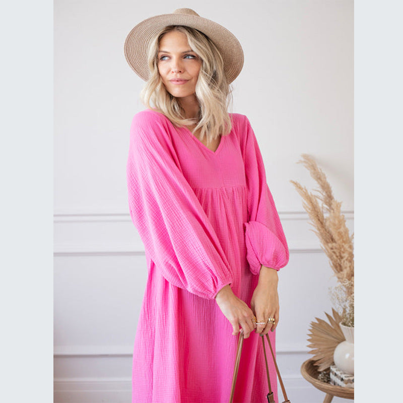 Vestido holgado informal de color liso con escote en V y mangas abullonadas para mujer