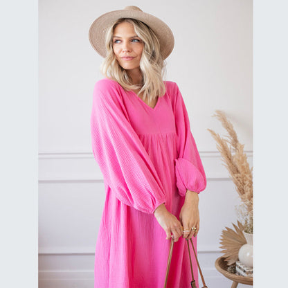 Vestido holgado informal de color liso con escote en V y mangas abullonadas para mujer
